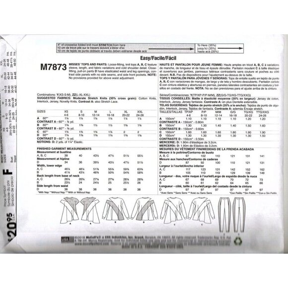 McCall's M7873 Misses L to XXL Cold Shoulder Tops and Pants UNCUT Sewing Pattern - Picture 2 of 2